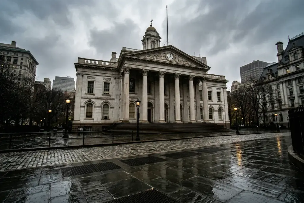 New York City Hall documentary-style photograph representing Local Law 18 STR enforcement