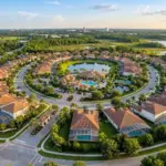 Aerial view of vacation home community with private pools in Kissimmee Florida near Walt Disney World