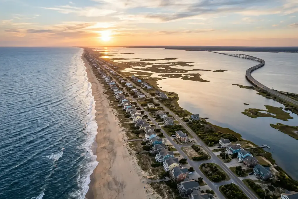 Aerial view of Outer Banks barrier islands and beach houses along the North Carolina coastline