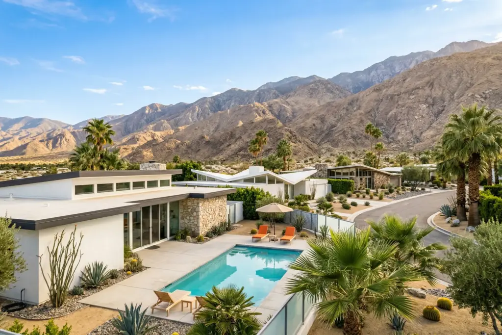 Mid-century modern homes in Palm Springs California with San Jacinto Mountains and palm trees