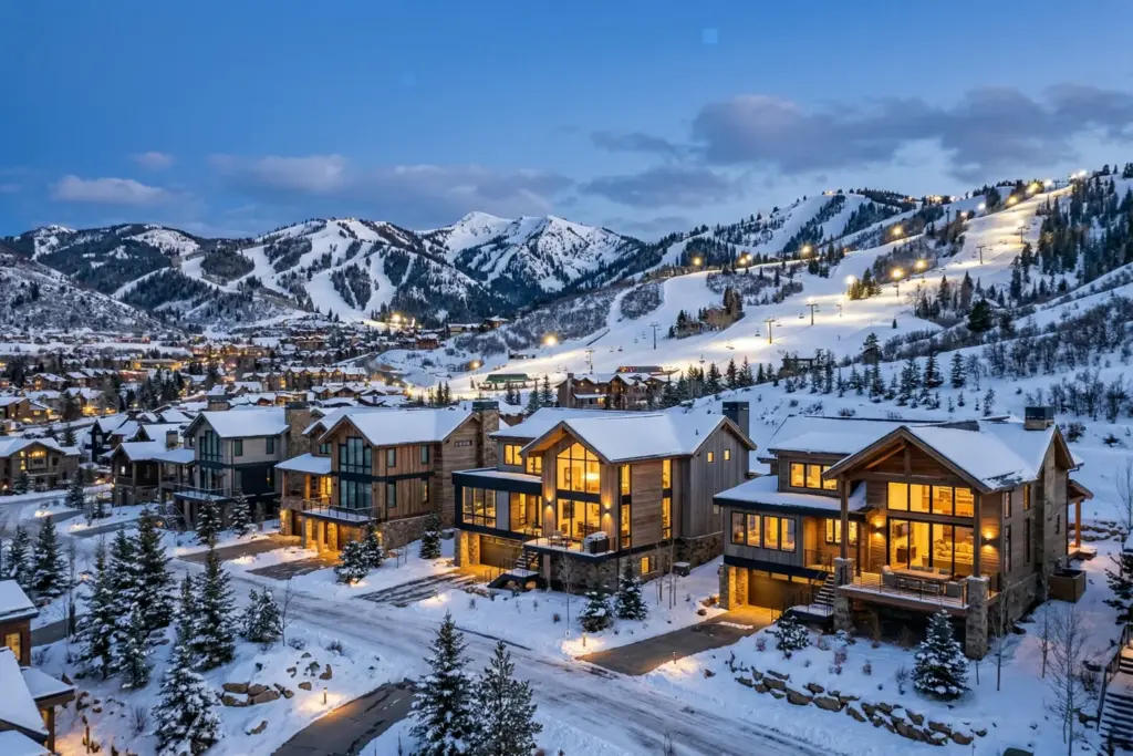 Park City Utah mountain vacation rental properties with snow-covered Wasatch Range ski slopes