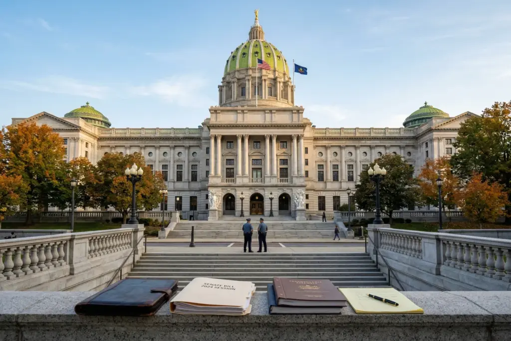 Pennsylvania State Capitol building in Harrisburg where H.B. 2303 short-term rental framework legislation is under review