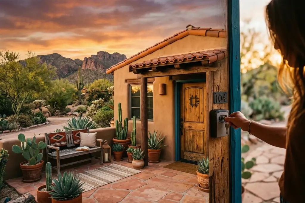 A Southwest-style casita in Scottsdale Arizona at sunset representing short-term rental hosts in the Phoenix metro area