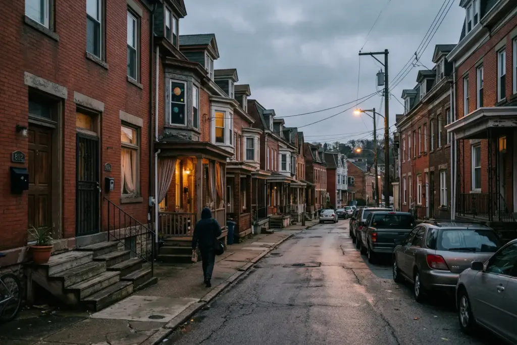 Pittsburgh North Side residential street with row houses and short-term rental lockbox, illustrating the neighborhoods affected by new STR safety regulations in 2026