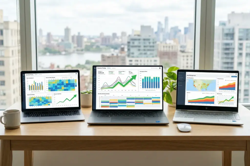 Three laptop screens showing dynamic pricing dashboards for STR revenue management tools