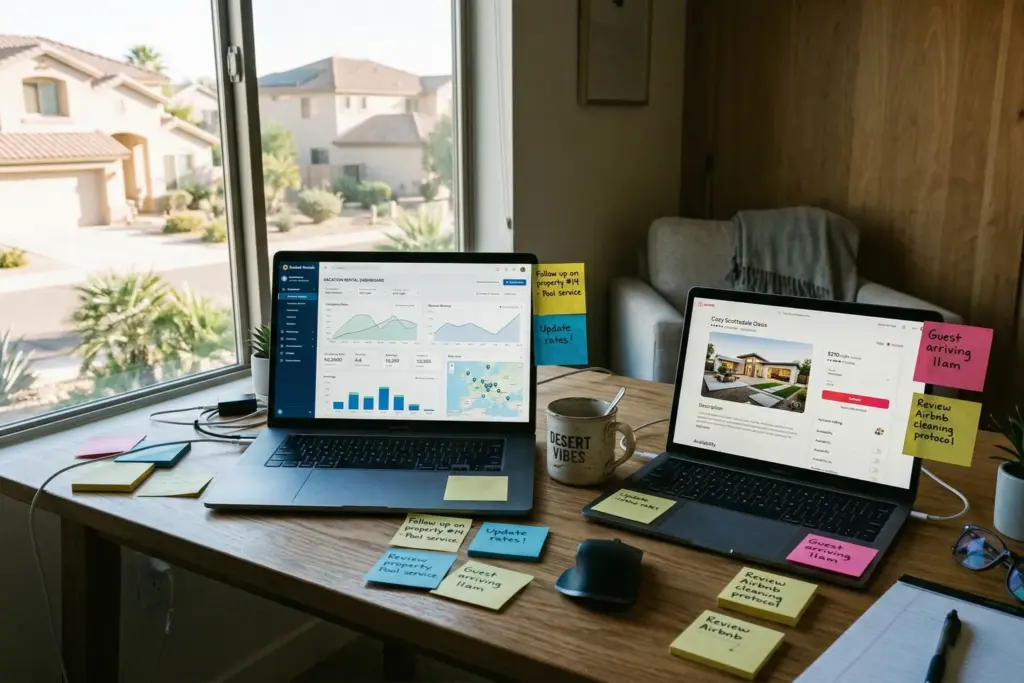 Two laptops on a desk showing a vacation rental analytics dashboard and an Airbnb listing page with sticky notes and a Scottsdale neighborhood visible through the window
