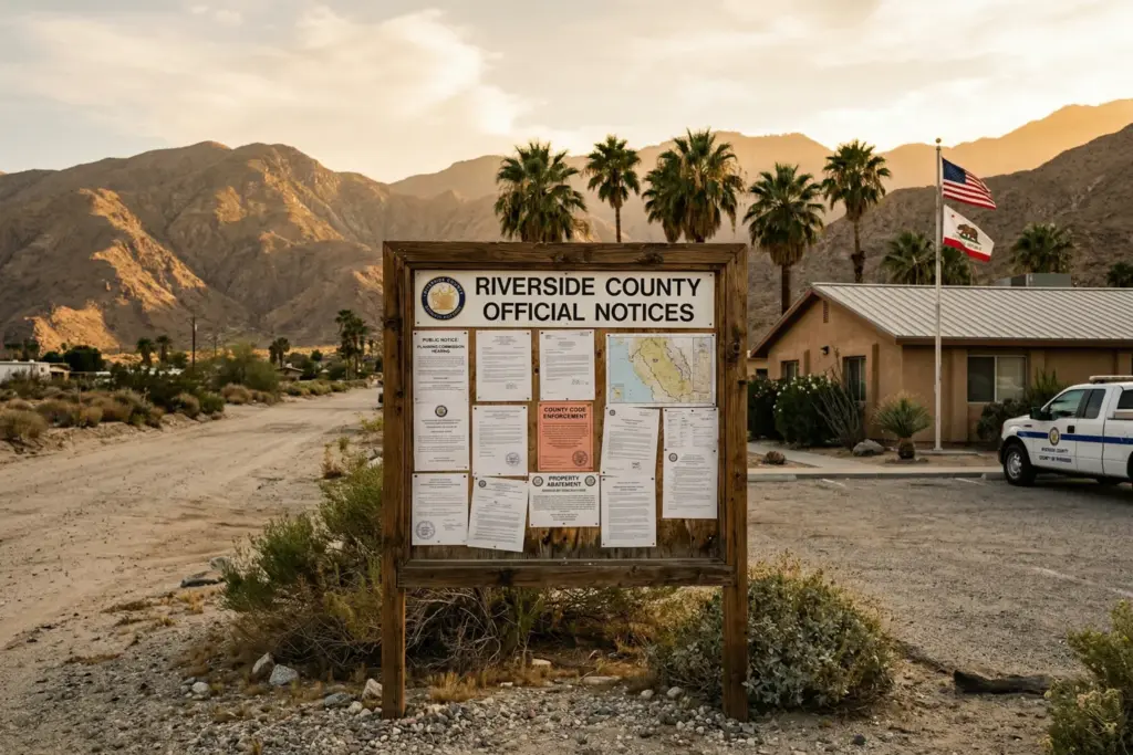 Riverside County government building in the Coachella Valley desert landscape representing the 2026 STR moratorium