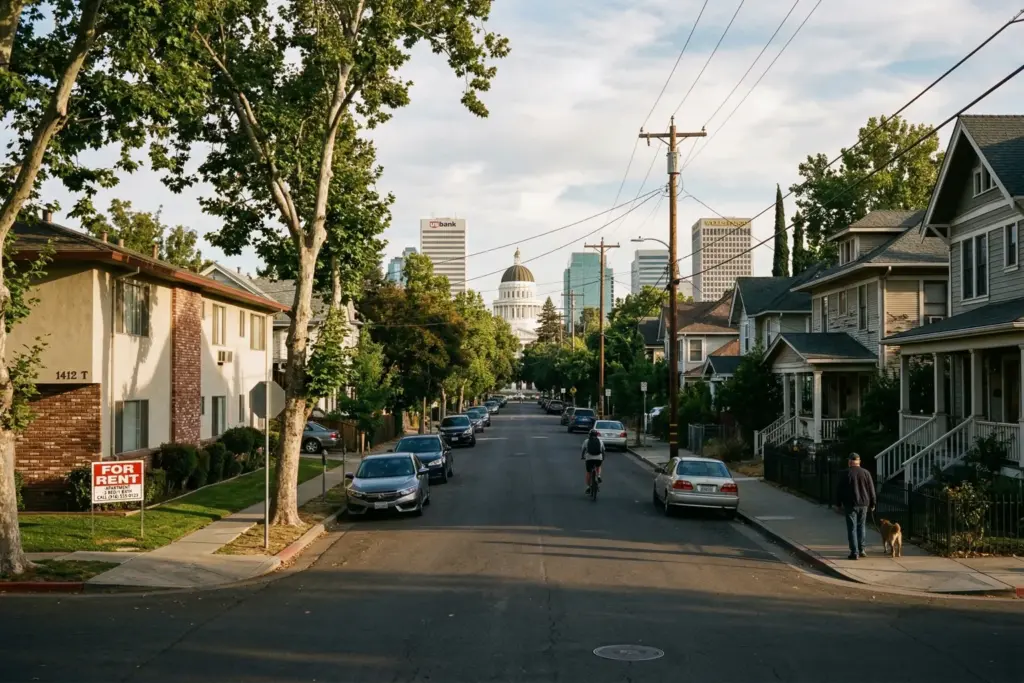 Sacramento residential neighborhood with downtown skyline, representing the STR regulation debate