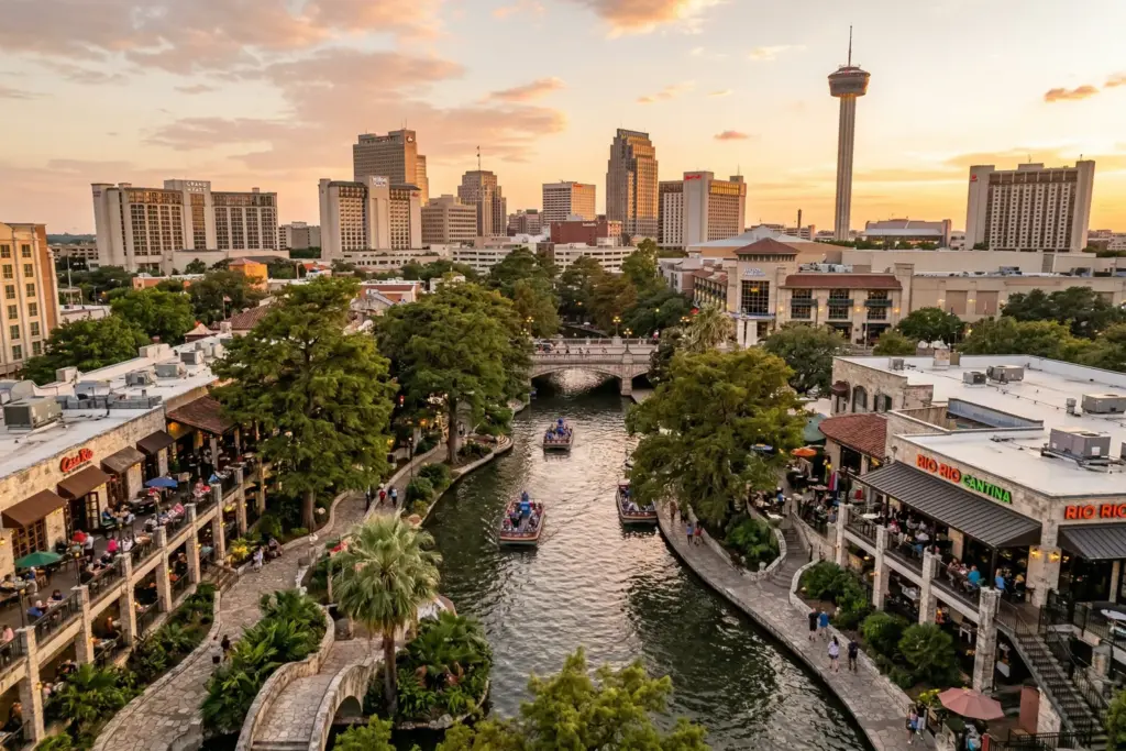 San Antonio River Walk and downtown skyline at golden hour representing the STR investment market