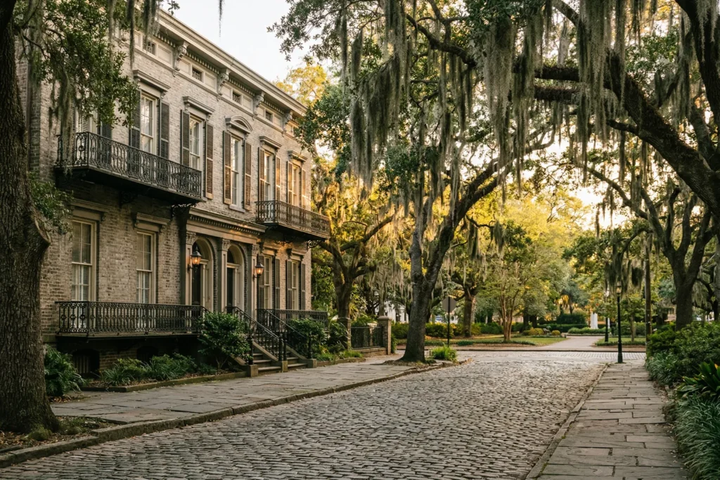 Cobblestone street lined with antebellum row houses and Spanish moss-draped live oak trees in Savannah Georgia historic district