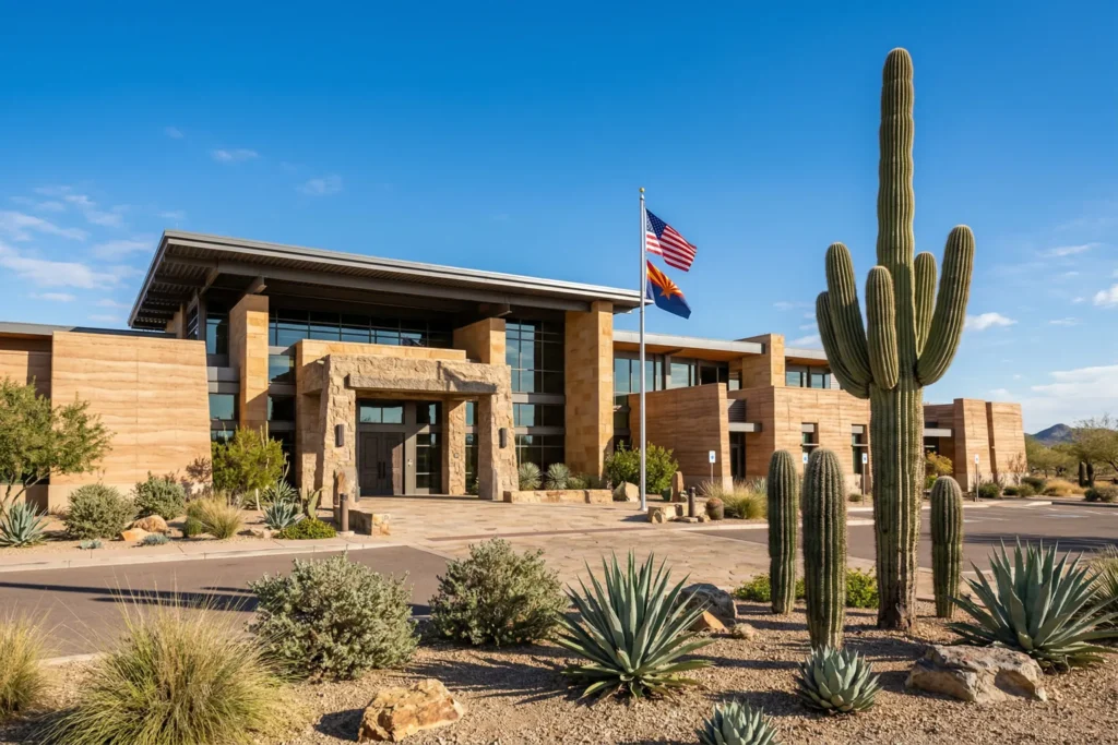Scottsdale Arizona government building with saguaro cacti and desert landscaping representing STR regulatory authority