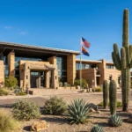 Scottsdale Arizona government building with saguaro cacti and desert landscaping representing STR regulatory authority
