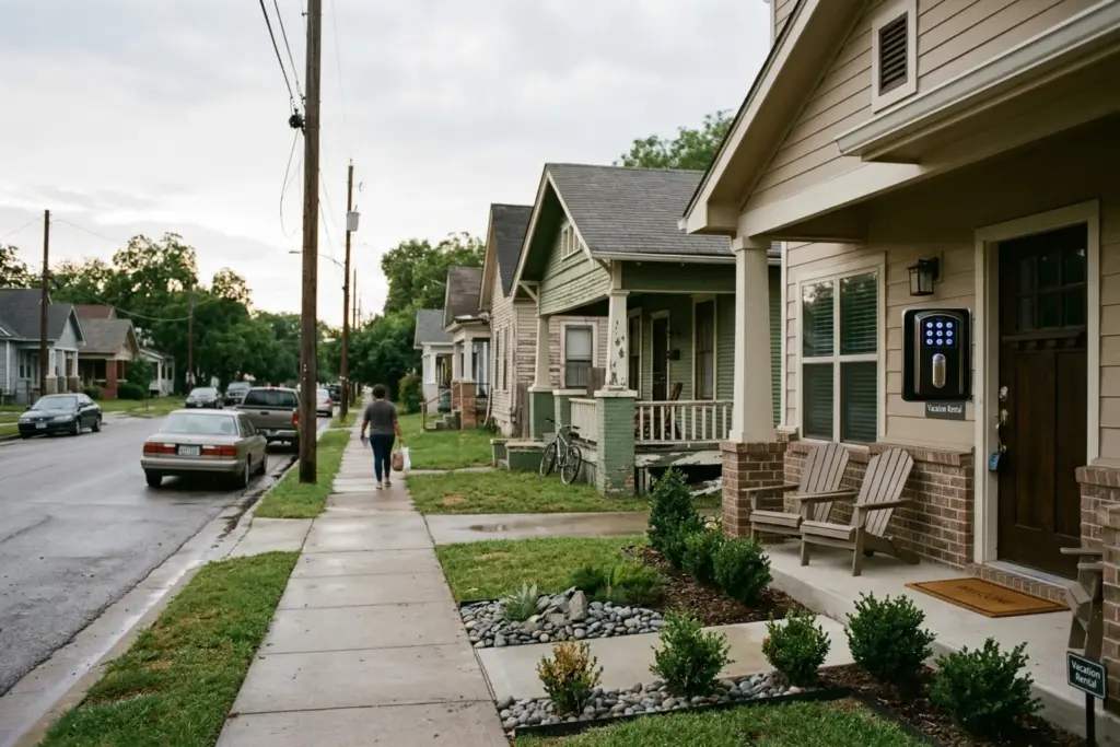 Residential street with short-term rental property showing lockbox and professional entry system
