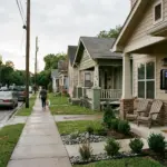 Residential street with short-term rental property showing lockbox and professional entry system