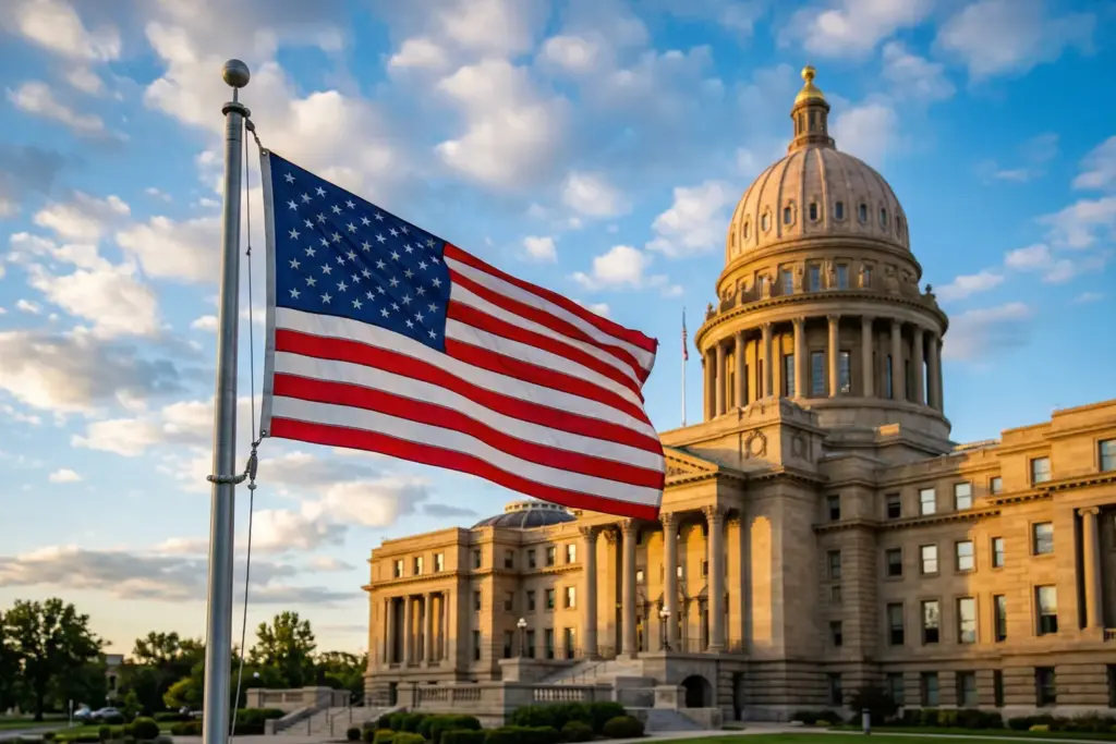 State capitol building with American flag representing short-term rental preemption laws 2026