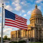 State capitol building with American flag representing short-term rental preemption laws 2026