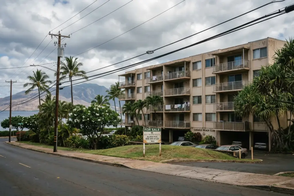 Maui vacation rental condominium building with For Sale sign representing Bill 9 phase-out impact