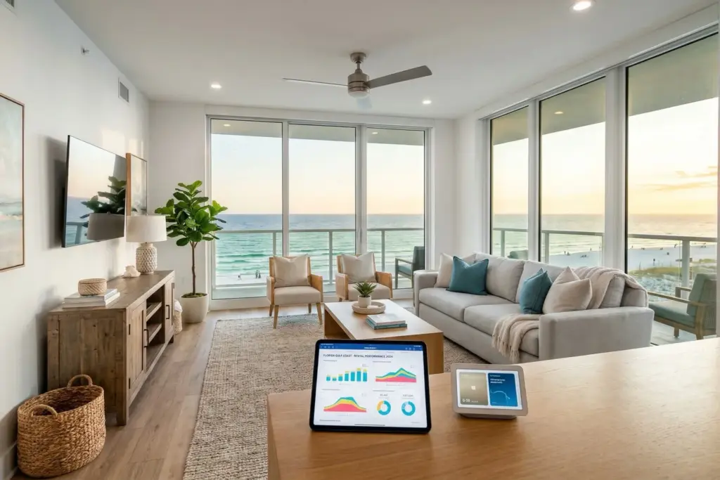 Gulf Coast beachfront condo interior with pricing analytics dashboard on tablet overlooking emerald Gulf waters