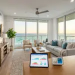 Gulf Coast beachfront condo interior with pricing analytics dashboard on tablet overlooking emerald Gulf waters
