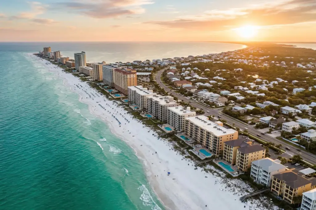 Aerial view of Gulf Coast beachfront vacation rental properties at golden hour showing the Emerald Coast shoreline