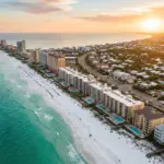 Aerial view of Gulf Coast beachfront vacation rental properties at golden hour showing the Emerald Coast shoreline