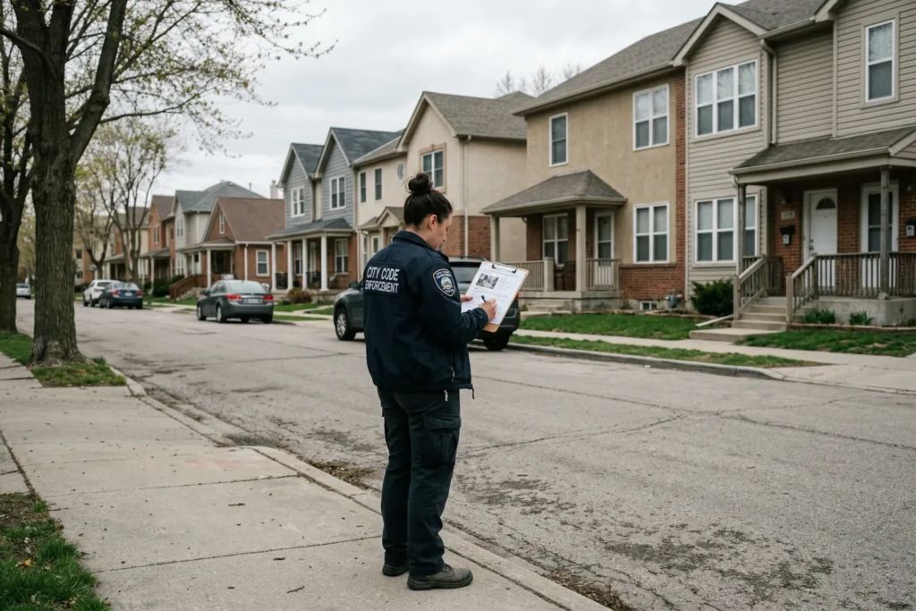 A code enforcement officer reviewing short-term rental listings on a residential street