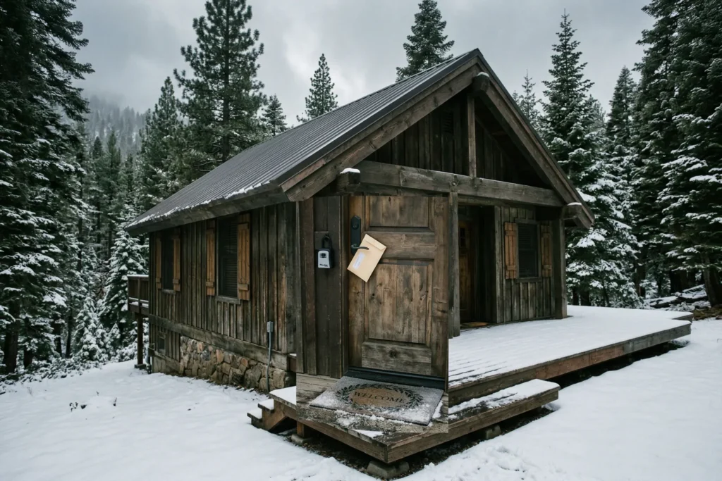 Snow-covered vacation rental cabin in the Sierra Nevada with an envelope on the door, representing the property insurance crisis facing STR hosts