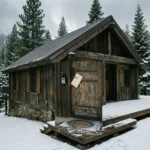 Snow-covered vacation rental cabin in the Sierra Nevada with an envelope on the door, representing the property insurance crisis facing STR hosts