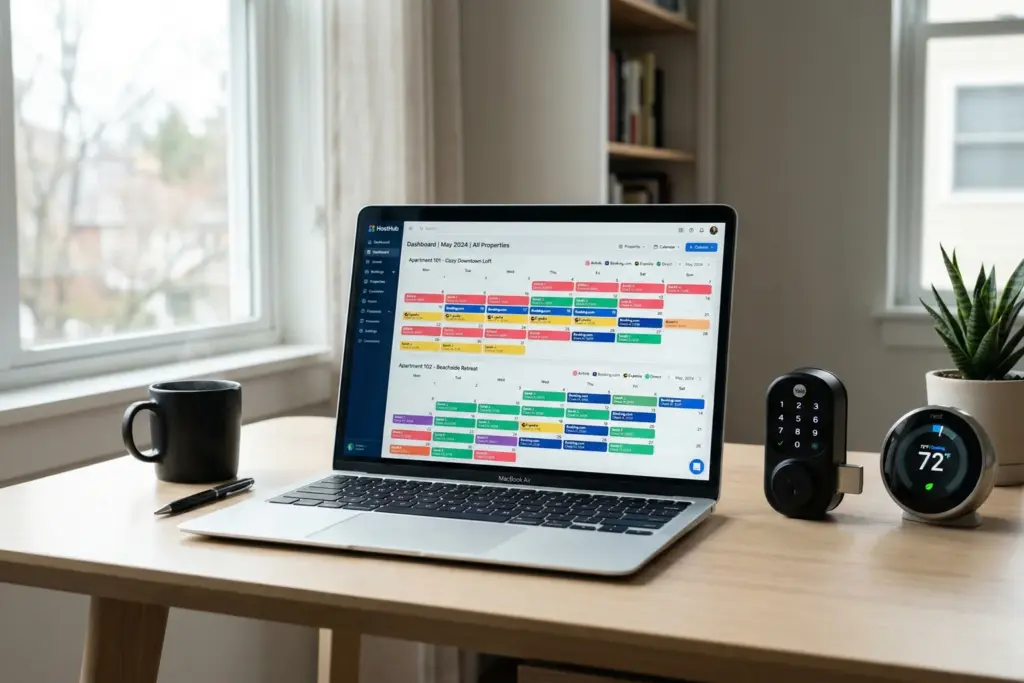Laptop showing property management dashboard with smart lock and thermostat devices for STR software comparison