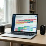 Laptop showing property management dashboard with smart lock and thermostat devices for STR software comparison