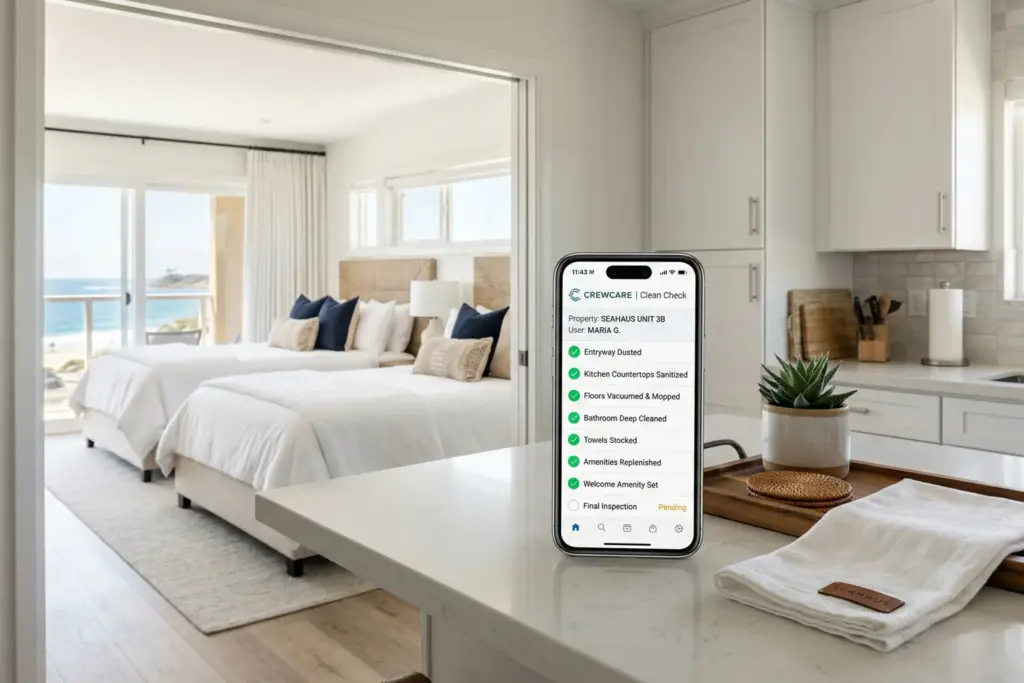 Smartphone displaying STR cleaning management app on a vacation rental kitchen counter with freshly made beds in background