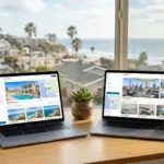 Two laptop screens showing vacation rental booking platforms side by side on a modern desk