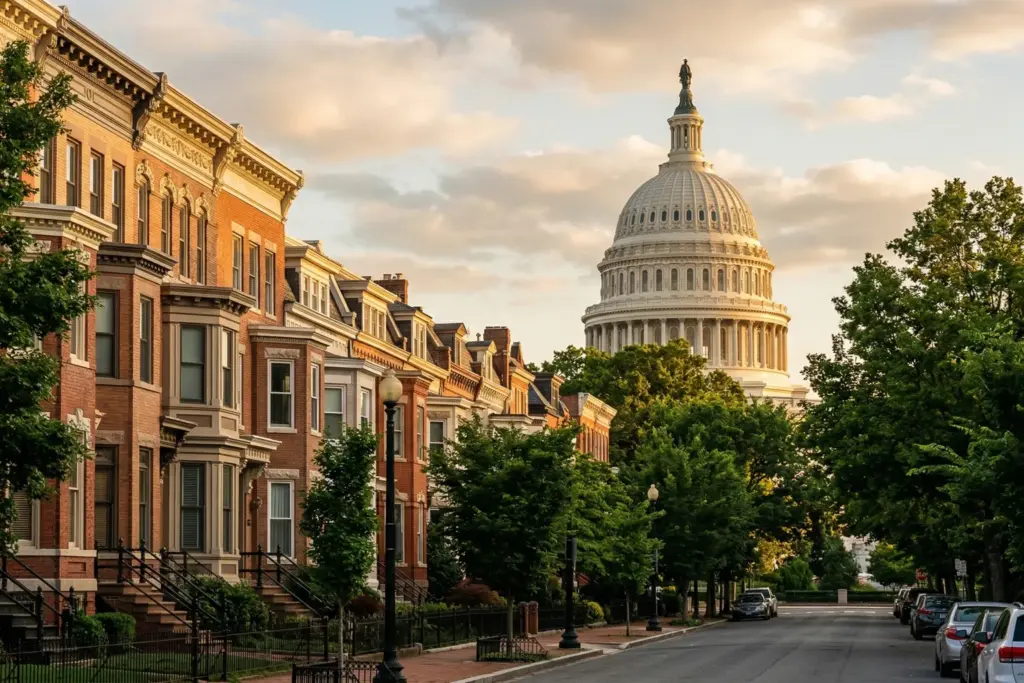 Washington DC Capitol dome with residential rowhouses in foreground