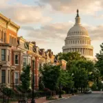 Washington DC Capitol dome with residential rowhouses in foreground