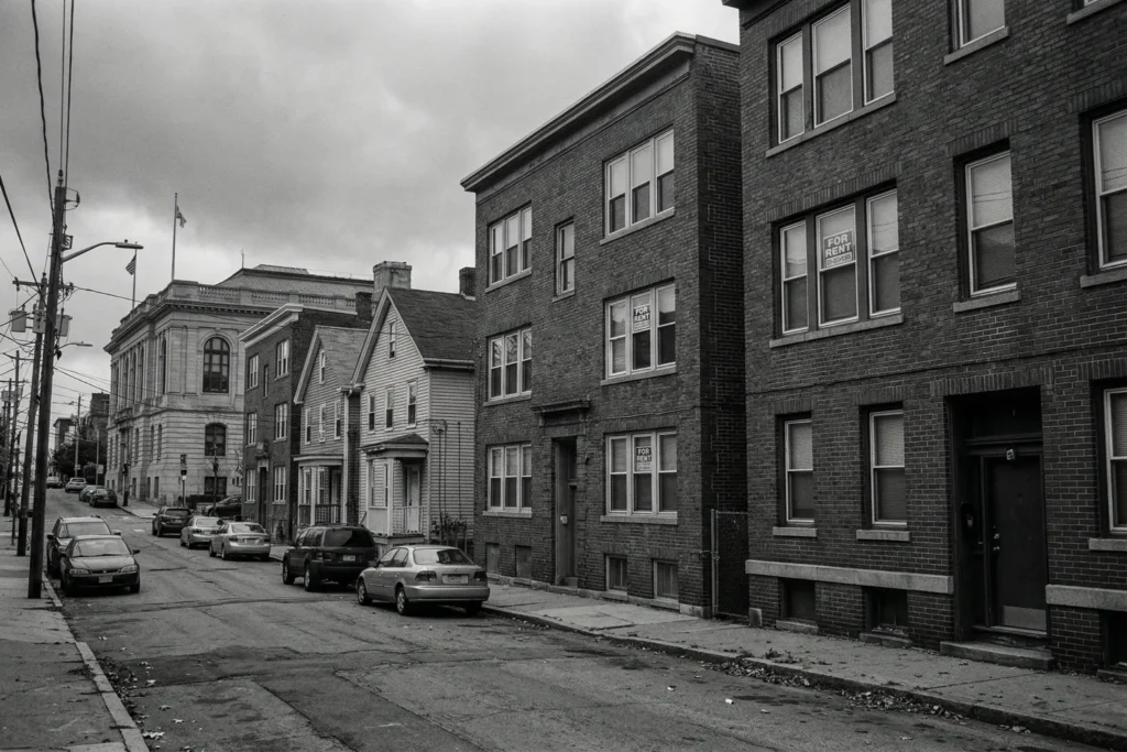 Urban residential street with For Rent signs on brick apartment buildings and city hall visible in background
