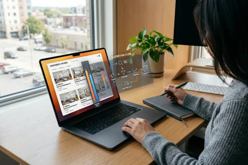 Laptop showing Airbnb search results with ranking data visualization elements in a modern workspace