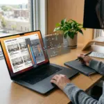 Laptop showing Airbnb search results with ranking data visualization elements in a modern workspace