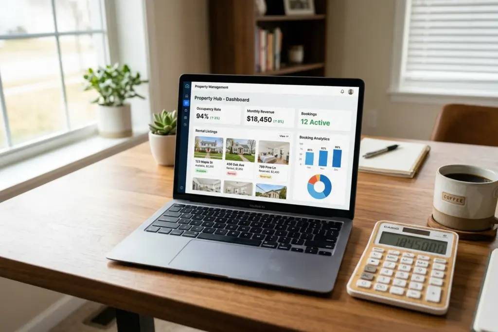 Property management dashboard showing Airbnb fee calculations and booking analytics on a laptop screen