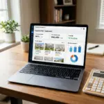 Property management dashboard showing Airbnb fee calculations and booking analytics on a laptop screen