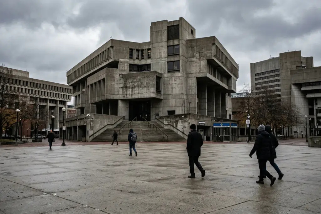 Boston City Hall Plaza, where the city continues to enforce strict short-term rental regulations despite Airbnb lobbying for World Cup exemptions