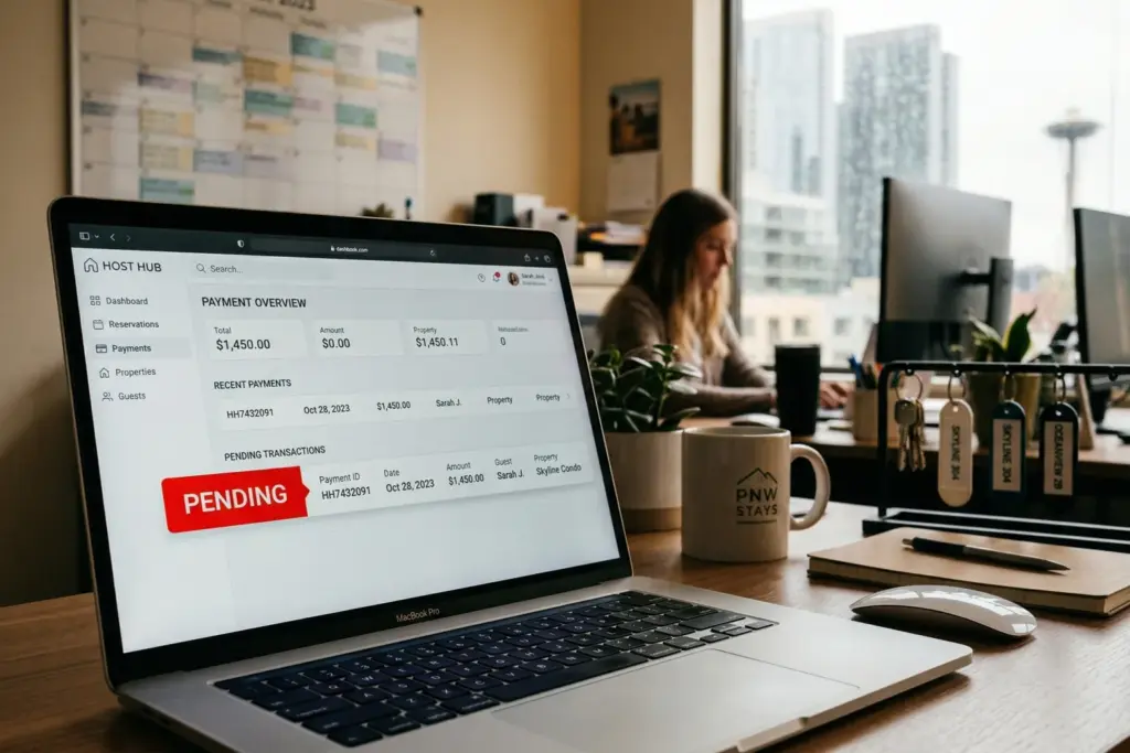 Laptop showing payment dashboard with pending payout status in a property management office
