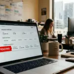 Laptop showing payment dashboard with pending payout status in a property management office