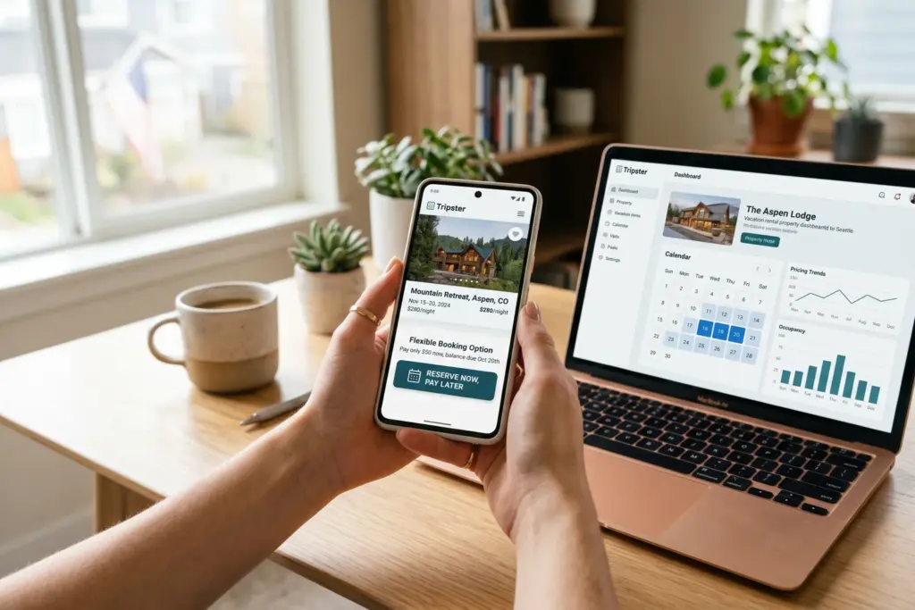 Smartphone showing Airbnb Reserve Now Pay Later booking interface next to a laptop with a vacation rental property management dashboard