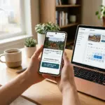 Smartphone showing Airbnb Reserve Now Pay Later booking interface next to a laptop with a vacation rental property management dashboard