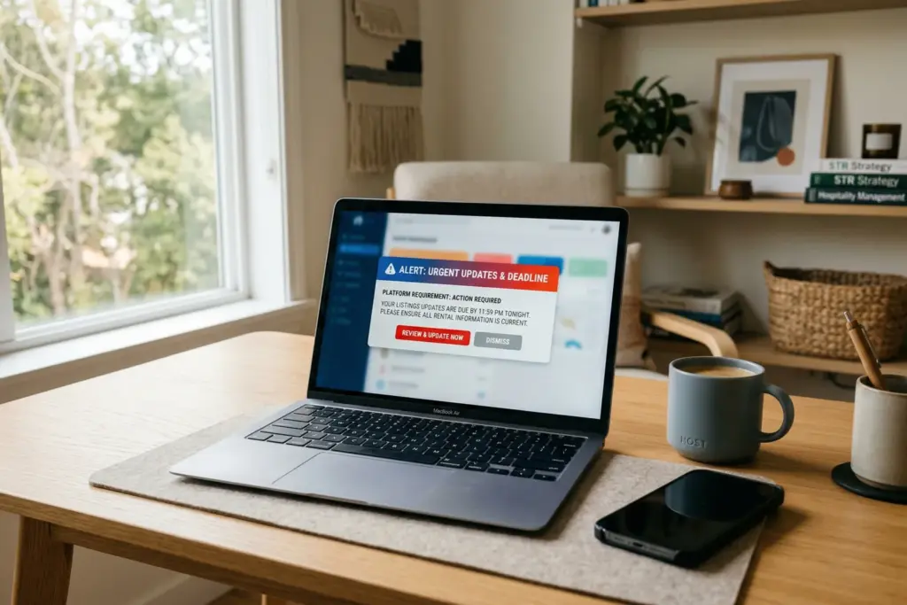 Laptop showing Airbnb platform update notification on a home office desk