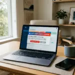 Laptop showing Airbnb platform update notification on a home office desk