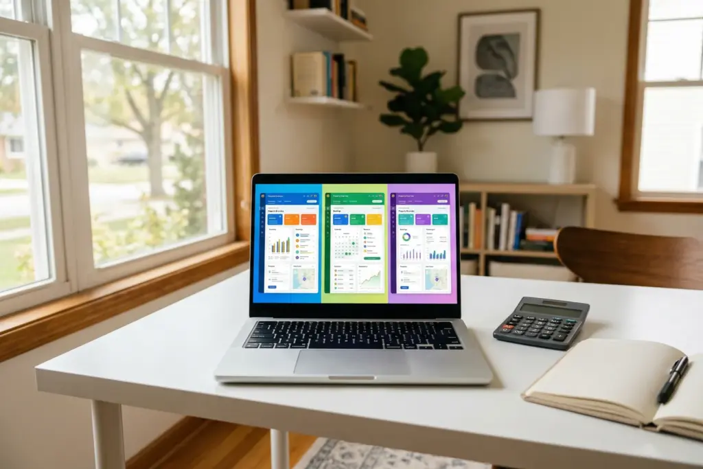 Laptop showing booking platform dashboards with calculator for STR host fee comparison