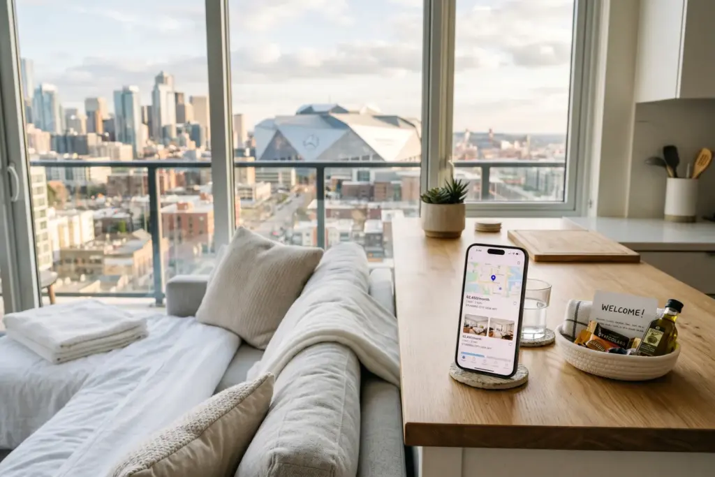 Smartphone displaying Airbnb listing app on a kitchen counter with a city skyline and stadium visible through the window