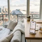 Smartphone displaying Airbnb listing app on a kitchen counter with a city skyline and stadium visible through the window