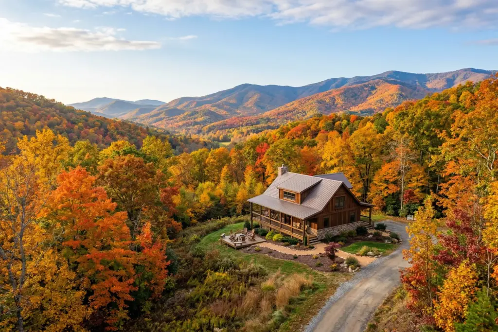 Blue Ridge Mountains in Asheville North Carolina with fall foliage and vacation rental property